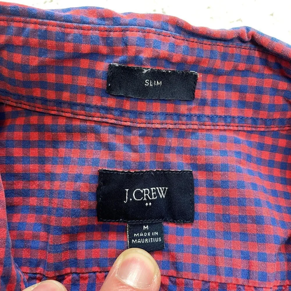 J.Crew Button Down Shirt Mens Medium Red Blue Plaid Slim Fit Long Sleeve Cotton